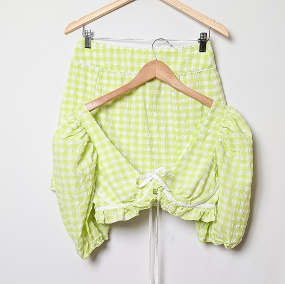 FOR LOVE & LEMONS Maureen Set Top And Skirt Green Gingham M Medium - Picture 2 of 15
